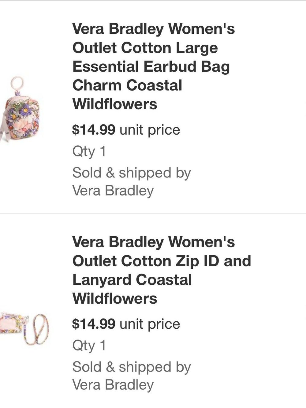 Vera Bradley Pink Floral Coastal Wildflowers Earbud Pouch and Zip ID Wallet